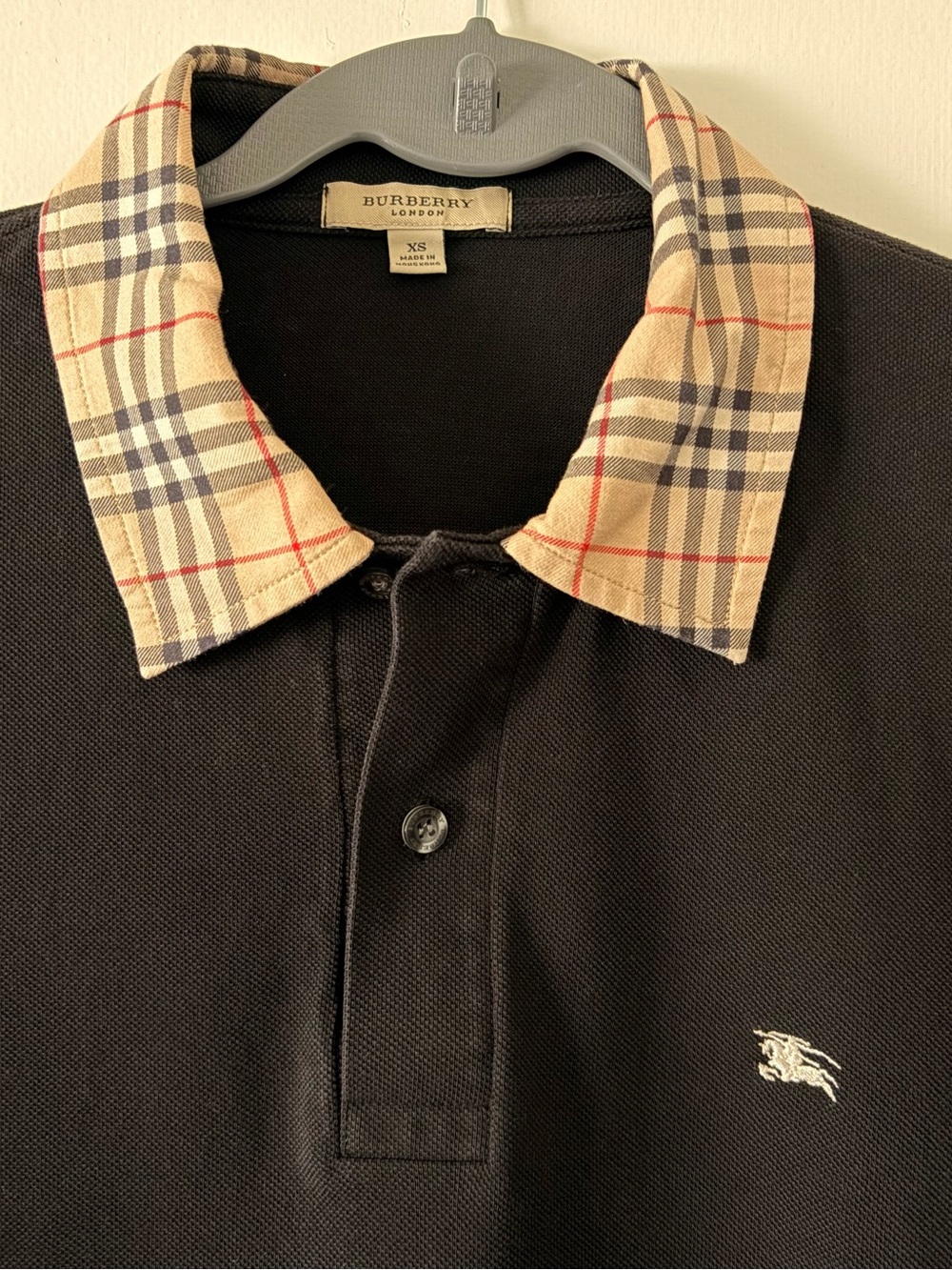 Burberry Black Polo with Beige Vintage Check Collar